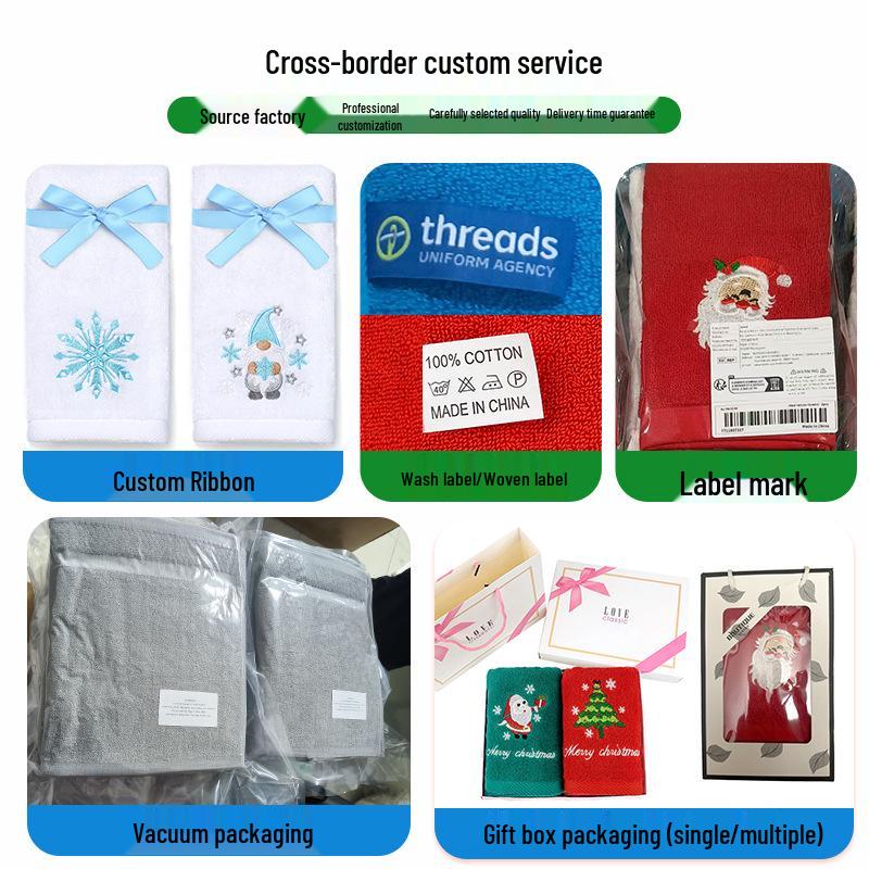 Pure Cotton Christmas Embroidery Towel Set for Kitchen or Hand Use - Custom Logo Available, Ideal for Holiday Gifts
