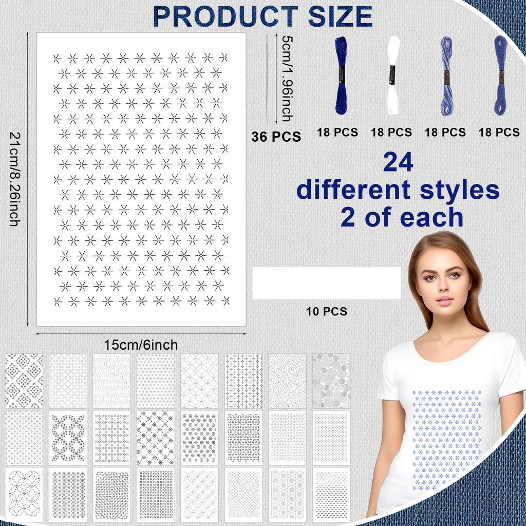 154pcs Sashiko Embroidery Pattern Set Stabilizers Water Soluble Embroidery Transfer Stencils Stabilizers Embroidery Paper Stick