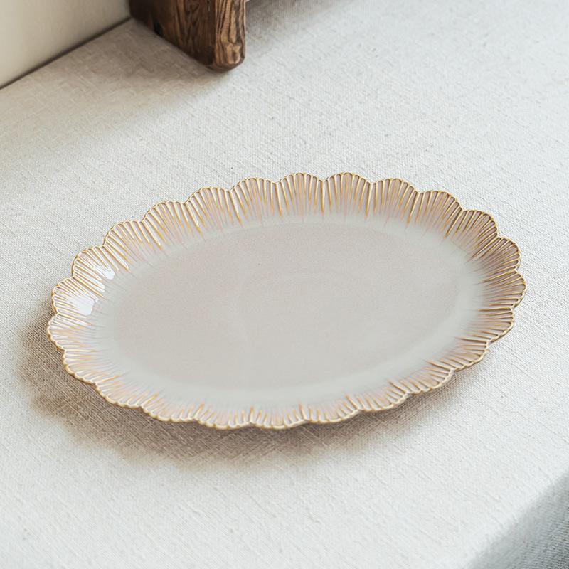 Premium Retro Ceramic Large Plate Tableware Lace-Shaped Hotel Vegetable Plate Exquisite Gold Relief Home Steamed Fish Plate