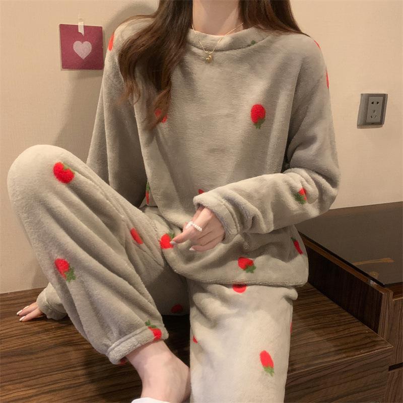 Autumn and Winter New Coral Velvet Pajamas Homewear Suit Female Cute Padded Thickened Warm Flannel Pajamas Homewear Suit