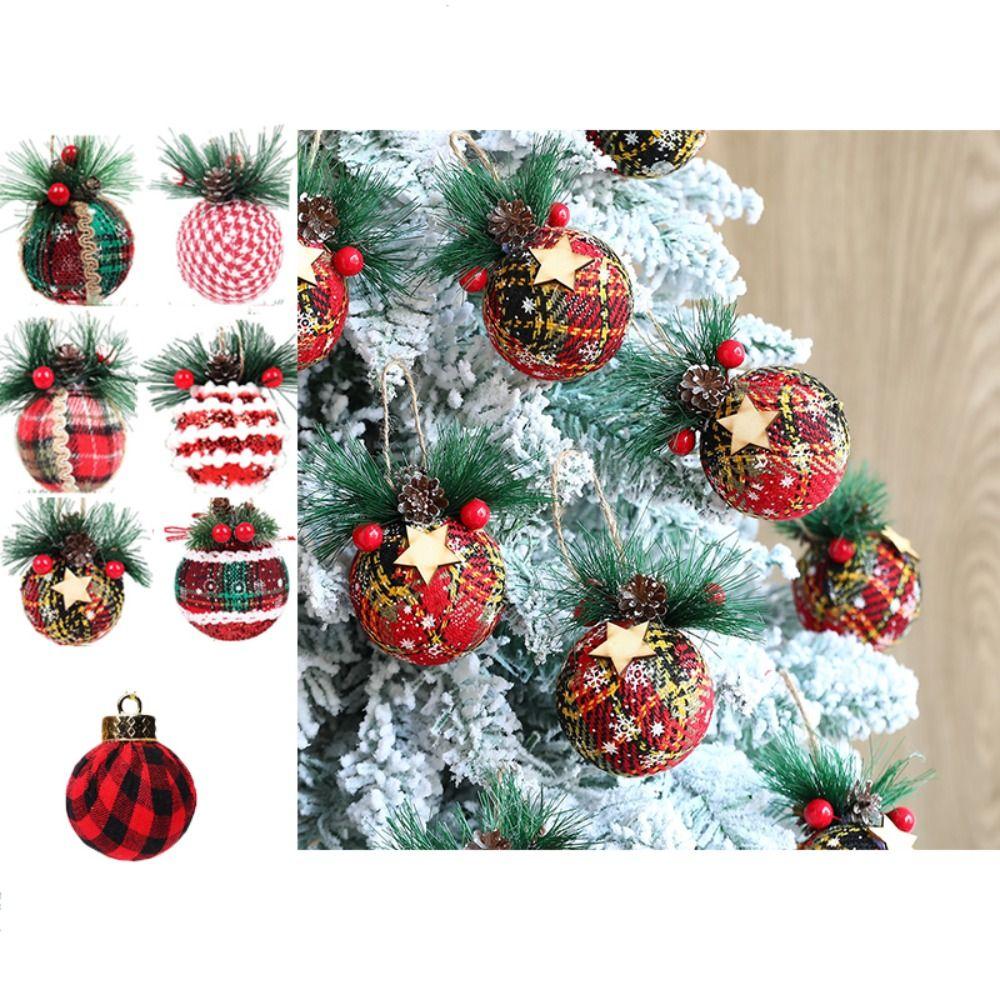 

6pcs Pine Cones Christmas Tree Ball Red Green Plaid Cloth Pendants Wreath