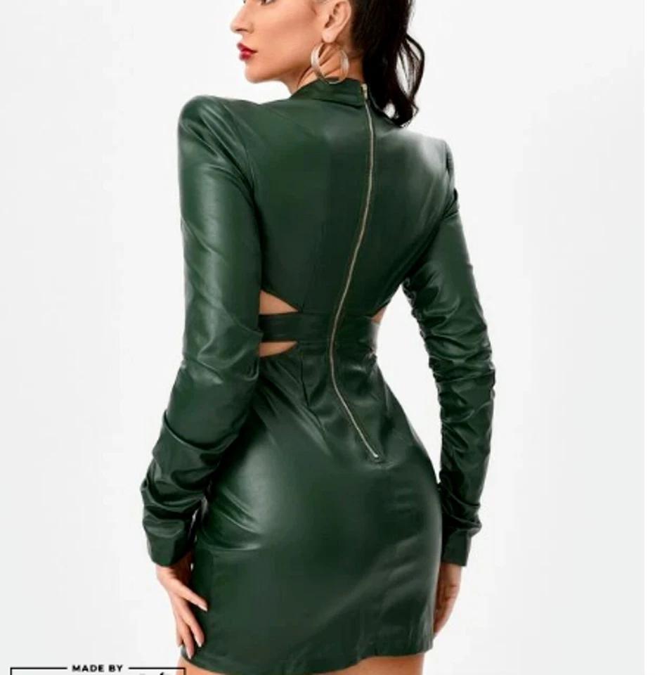 Designer Party Wear Women Green Dress New 100% Genuine Leather Stylish Wear Lambskin