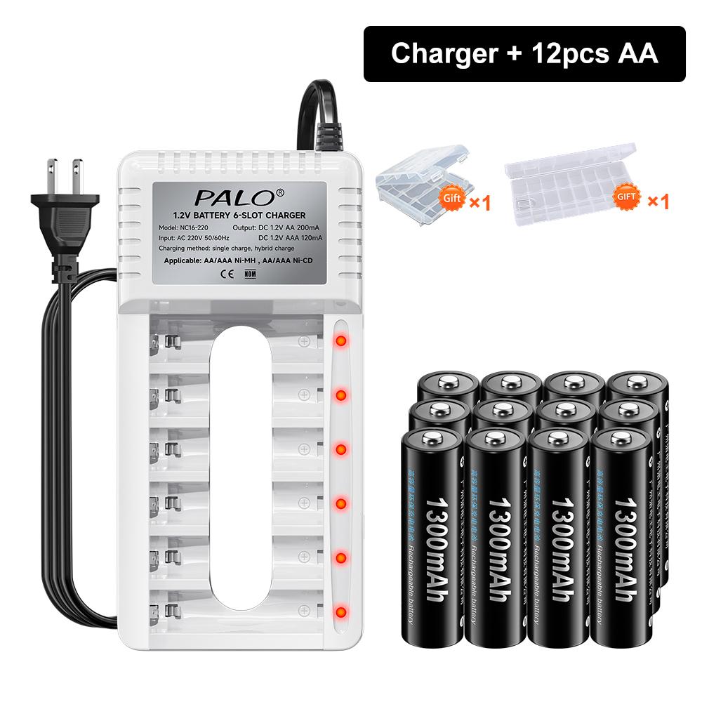 PALO Rechargeable Battery AA 1.2V Ni-MH Batteirse AA(HR6) 1300mAh and AAA(HR03) 600mAh NI-MH 2A/3A Rechargeable Batteries+6-slot charger