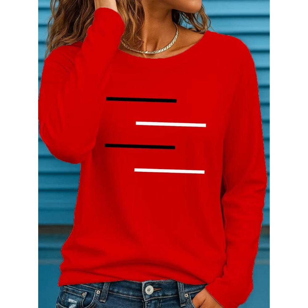 Women's Long Sleeves T-Shirts Casual Loose Black and White Lines Pattern Round Neck Short Sleeved T-Shirt Fall Female Clothing