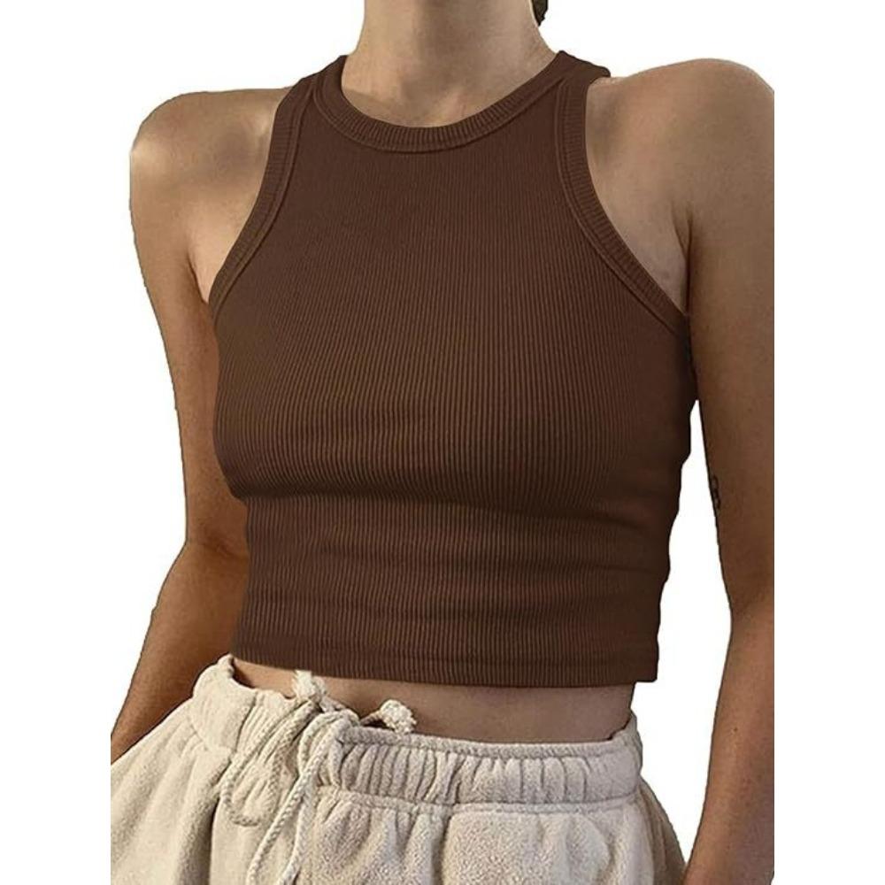 Ärmelloses Damen Crop Top Fitness Weste - Atmungsaktive Nahtlose Gestrickte Sportbekleidung, Einfarbig Gerippte Weste, Lässiges und Elegantes Ärmelloses Basic Sommer Top