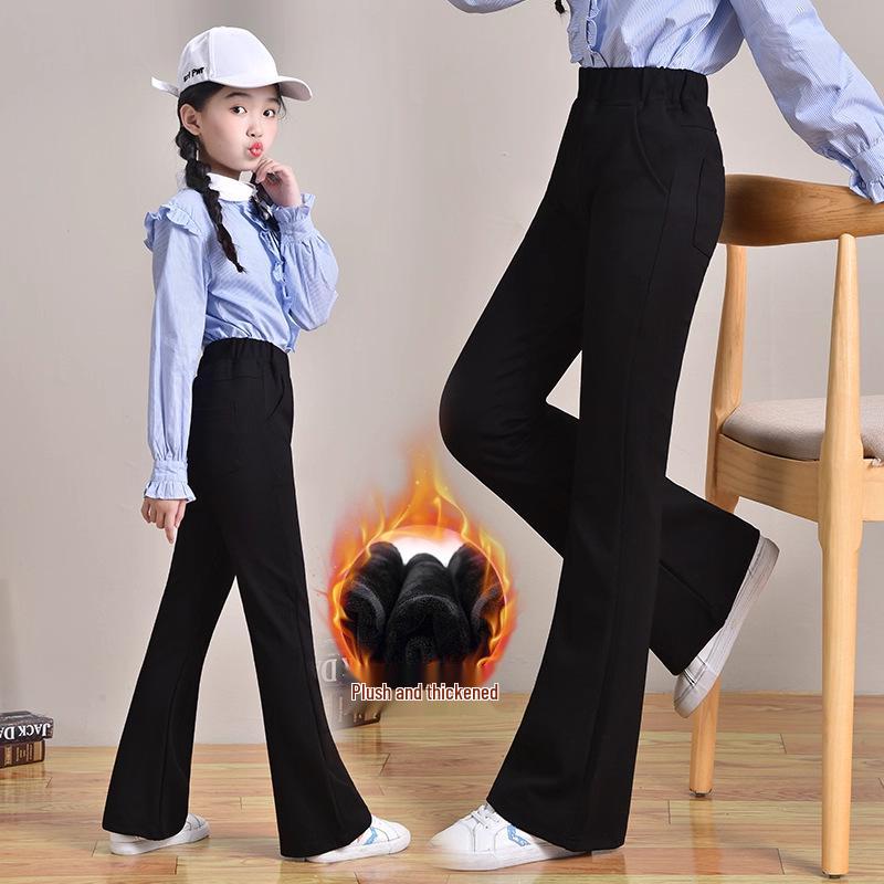 Stylish Black Flared Trousers for Girls - Fitted Waist, Autumn/Winter 2025, Casual Long Fit for Teens