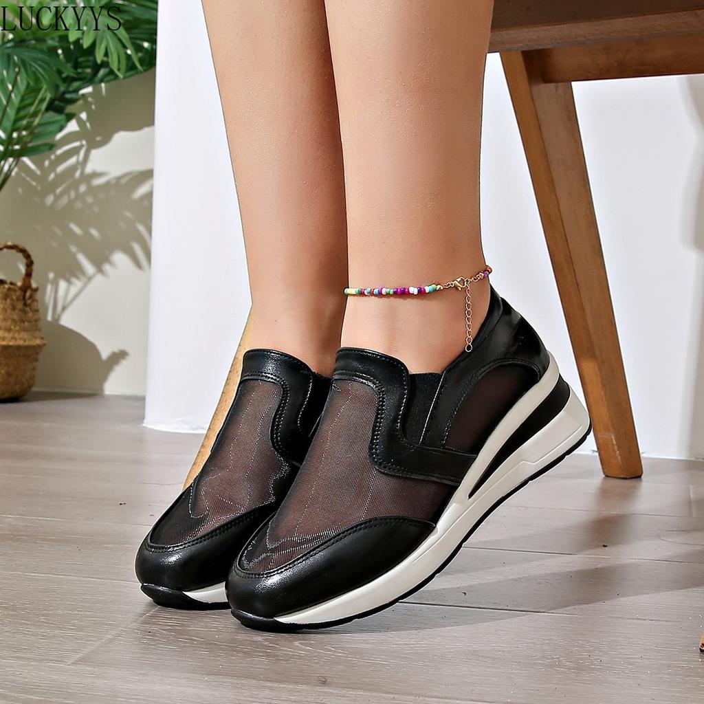 Fashion 2025 Spring Slope Heel One-pedal Sports Single Shoes Women's Flats Thick-soled Breathable Mesh Casual Shoes Large Size Sneakers