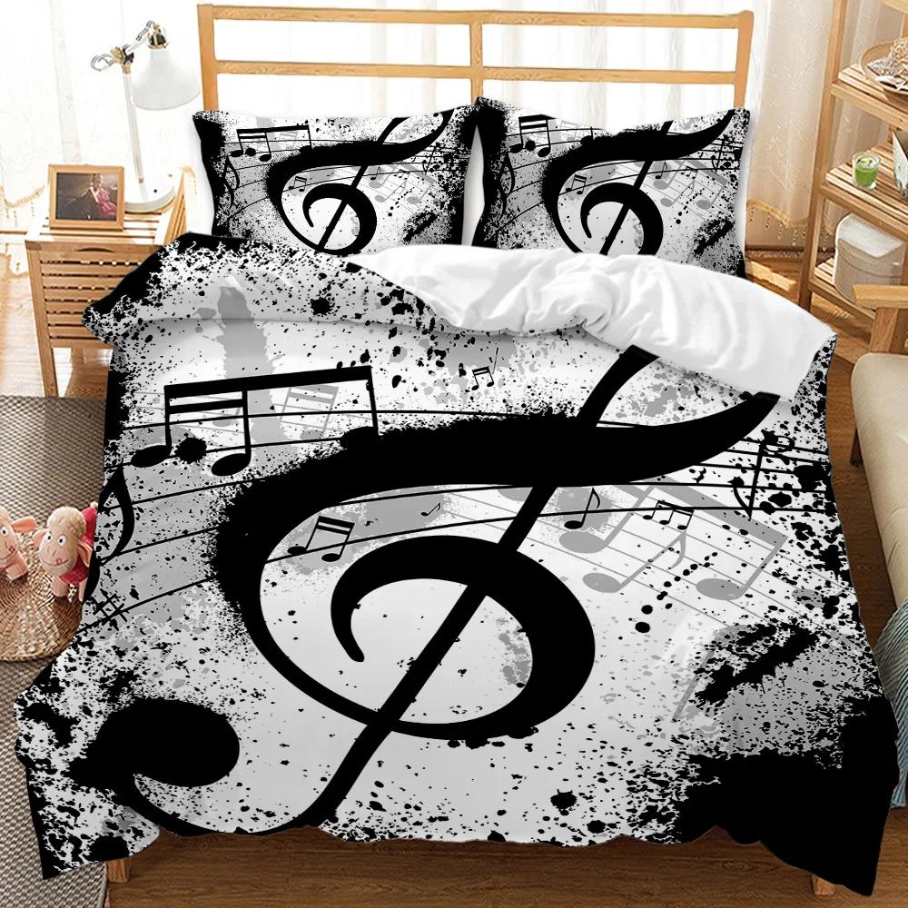 Hudební potah na přikrývku Hudba s nástrojem G-Clef Black, dvojitá sada povlečení Monochromatický kreativní rytmický zdobený polyesterový potah