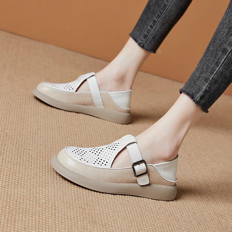 Baotou Sandals Women's Soft Leather Loafers 2025 New Summer Hollow Soft Sole Large Size Women's Casual Hole Shoes