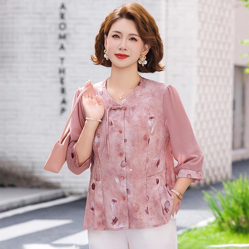 

Middle-Aged Women s Plus Size Summer Top, Age-Reducing, Three-Quarter Sleeve, Chinese Style 4XL (130-145 lbs) рожевий