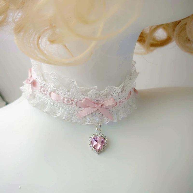 30cm Aesthetic Bow Lace Choker with Heart Gem Charm for Girls Necklace Collar Lcae Band Lolita Dancing Jewelry for Wedding Party