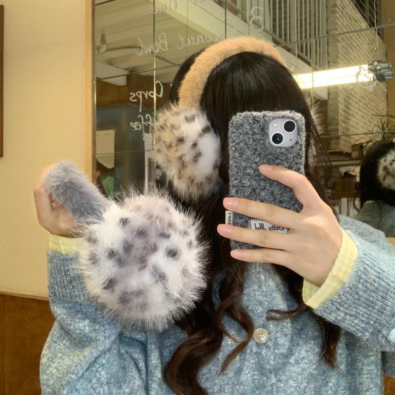 Leopard print plush earmuffs, women's winter furry ear bags, earmuffs, antifreeze and cold protection for cycling, and ear warm ear covers.