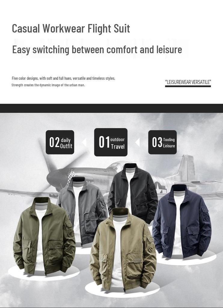 Men's Trendy Korean Style Stand Collar Bomber Jacket - Windproof, Solid Color for Spring & Autumn Outdoor Sports