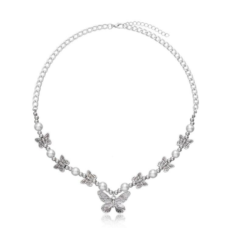 1 Pcs Cross Border Hip Hop Fashion Retro Butterfly Pendant Necklace Women's Pearl Suture Beaded Collar YSL