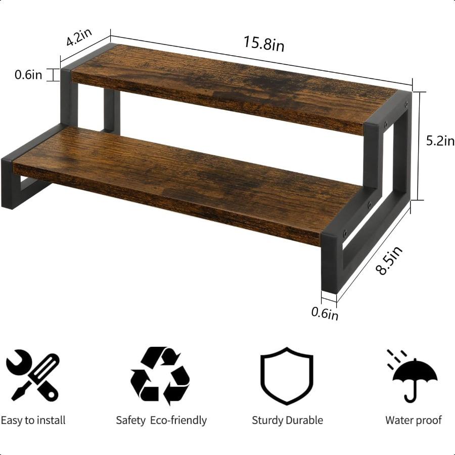 Spice Rack Organizer for Countertop 2 Tier Kitchen Counter Shelf Wooden Tiered Display Stand Riser Shelf