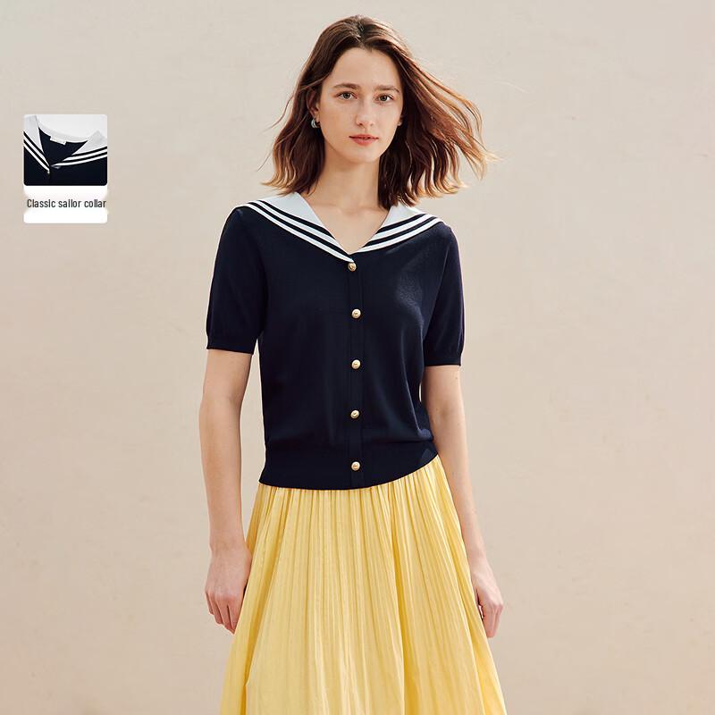 INMAN Women s Contrast V-neck Navy Collar Short Sleeve Knit Top S