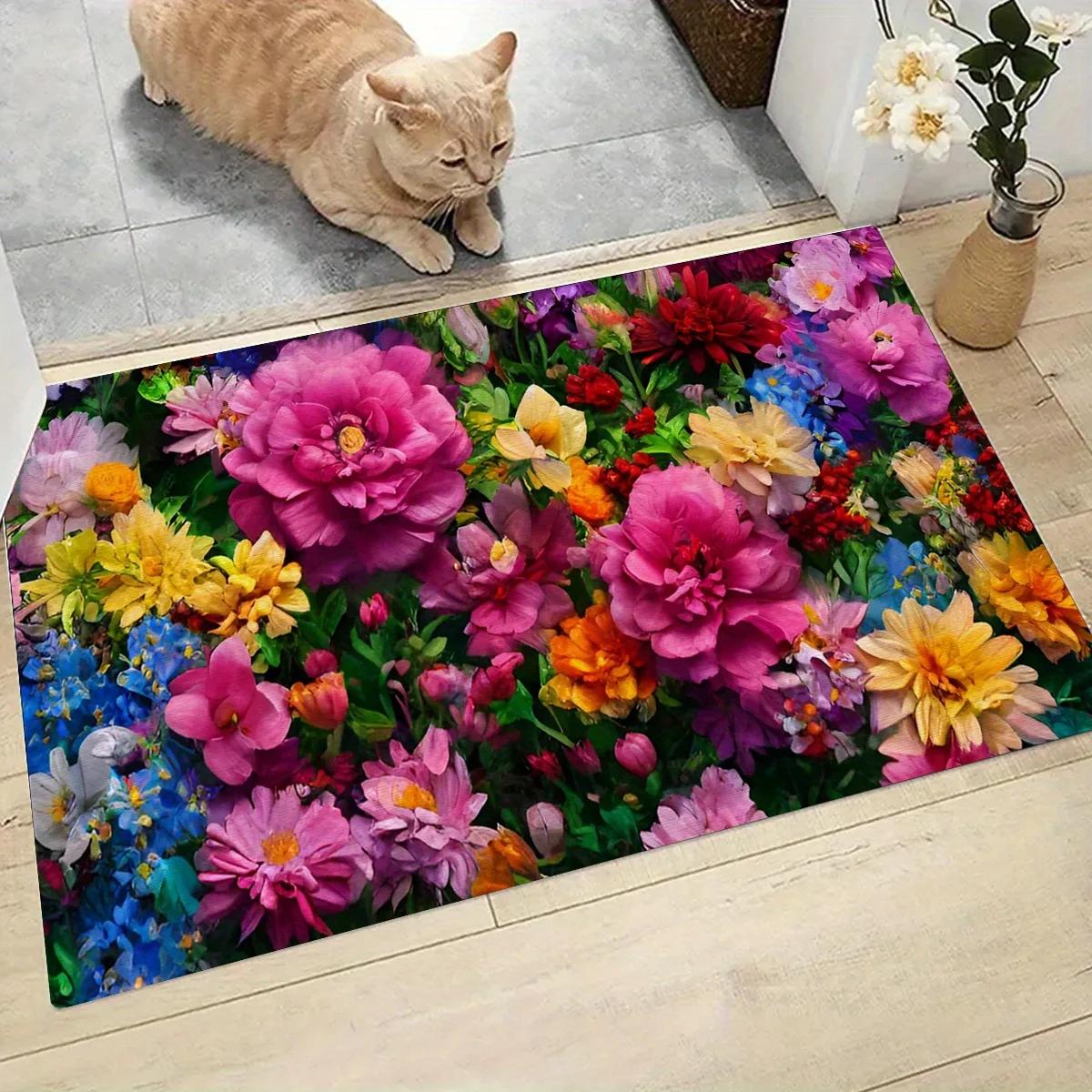 

Purple Floral Welcome Door Mat Non Slip Outdoor Entrance Mat for Garden Front Door Bathroom Kitchen Laundry Home Decor 30X50CM