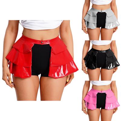 Minifalda de charol PU con línea A para mujer S-3XL: Frente Abierto con Cintura de Un Botón y Dobladillo Escalonado con Volantes para Pole Dance en Discoteca