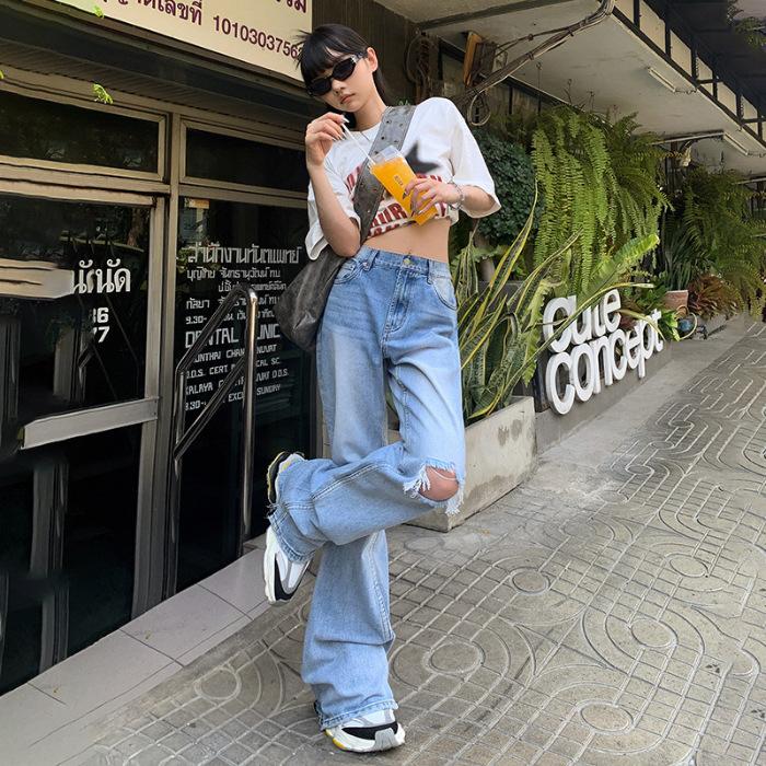 

Рваные джинсы женские свободные широкие брюки женские с высокой талией широкие джинсы джинсовые широкие брюки женские выглядят стройнее L