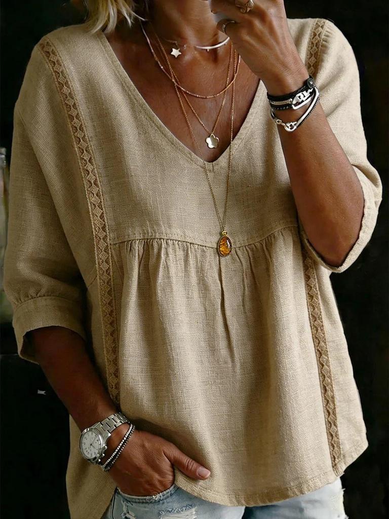 2026 Lace V-Neck Pullover Solid Color Women's Casual 3/4 Sleeve Top