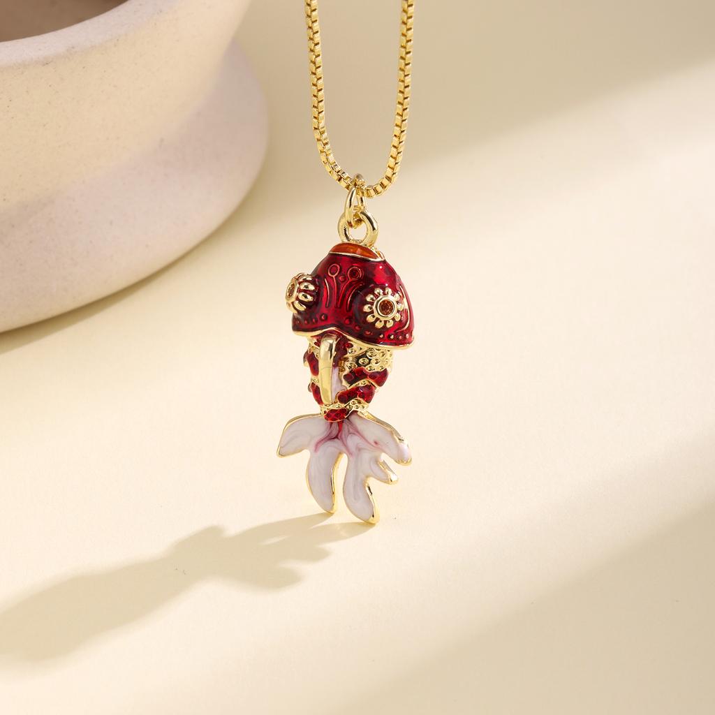 Nidin Cute Enamel Crystal Zircon Koi Fish Pendant Necklace Vintage Goldfish Chain Choker Lucky Animal Jewelry For Women Girls