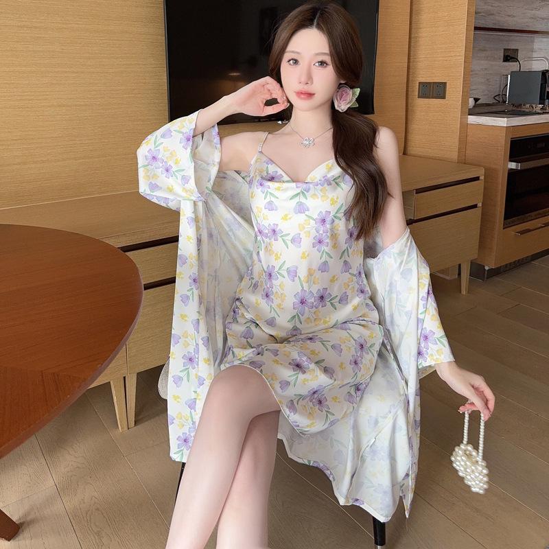 Spring and Summer Ice Silk Nightgown Sexy Suspender Women's Pajamas Thin Nightgown Printed Homewear Bathrobe Two-piece Set