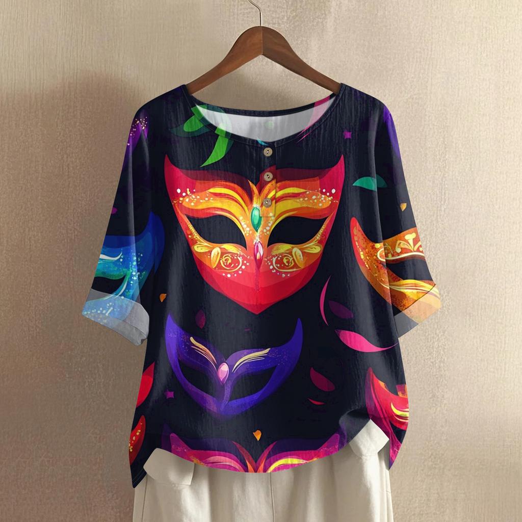 Women's Casual And Comfortable Mid-Length Round-Neck Fashion Print Cotton-Linen Top