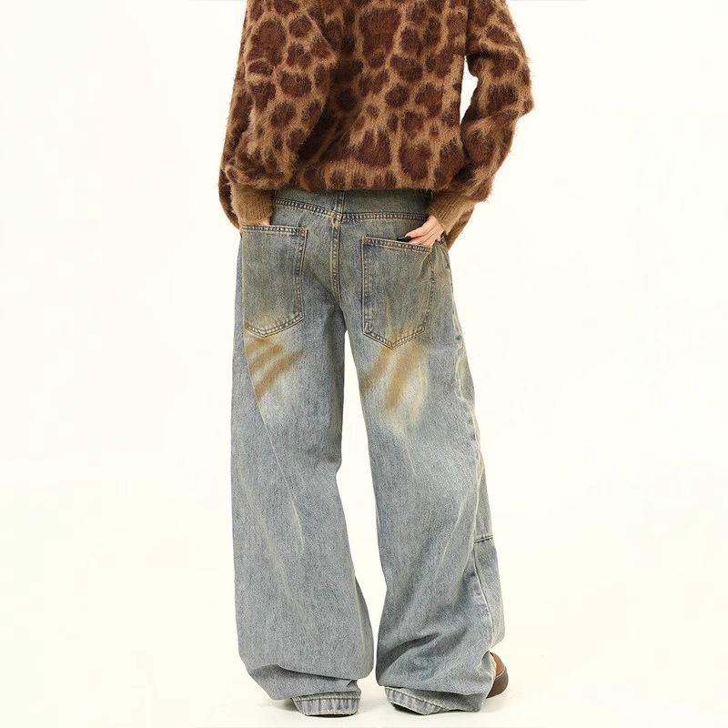 Retro Washed Distressed Wide Leg Jeans: Unisex Casual Straight Fit