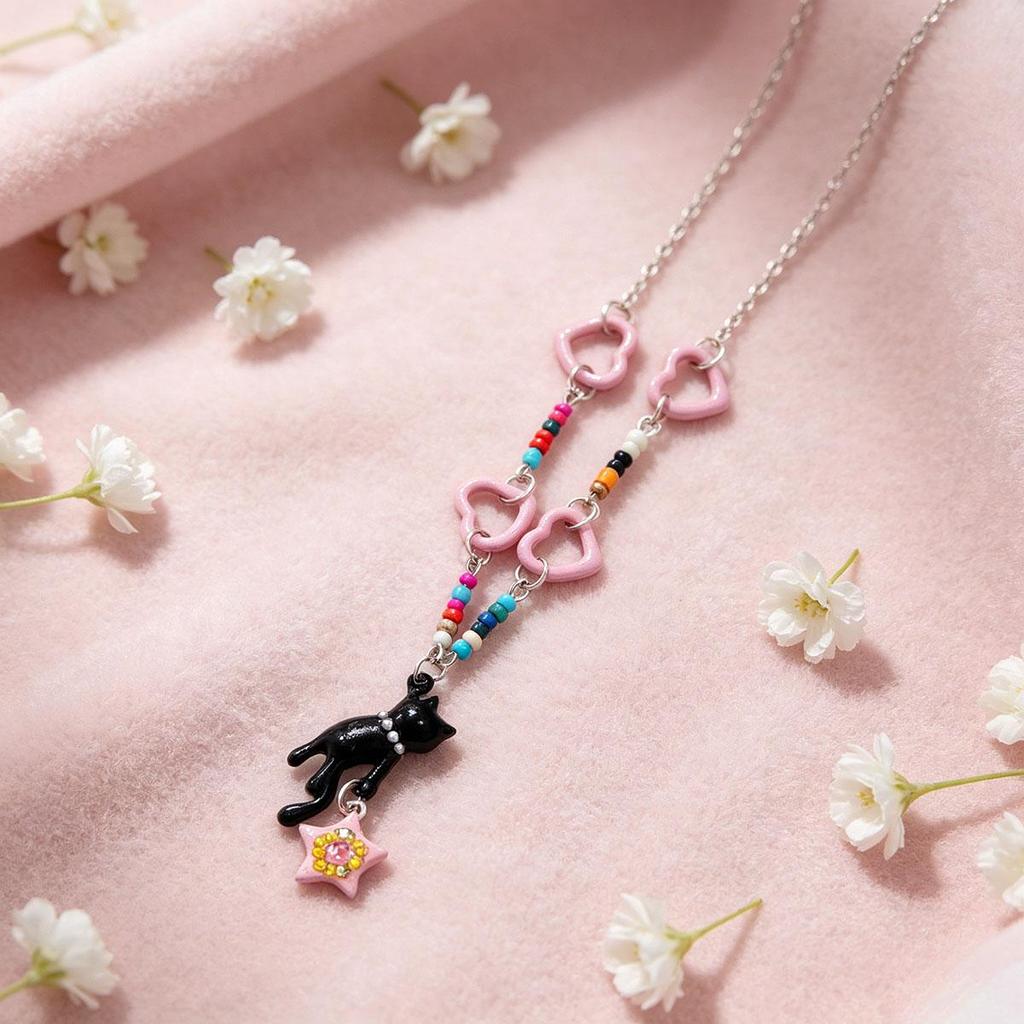 Cat Stealing Stars Pink Star Beaded Fashion Necklace Women Summer Dopamine Y2K Hot Girl Style Collarbone Chain Neck Chain