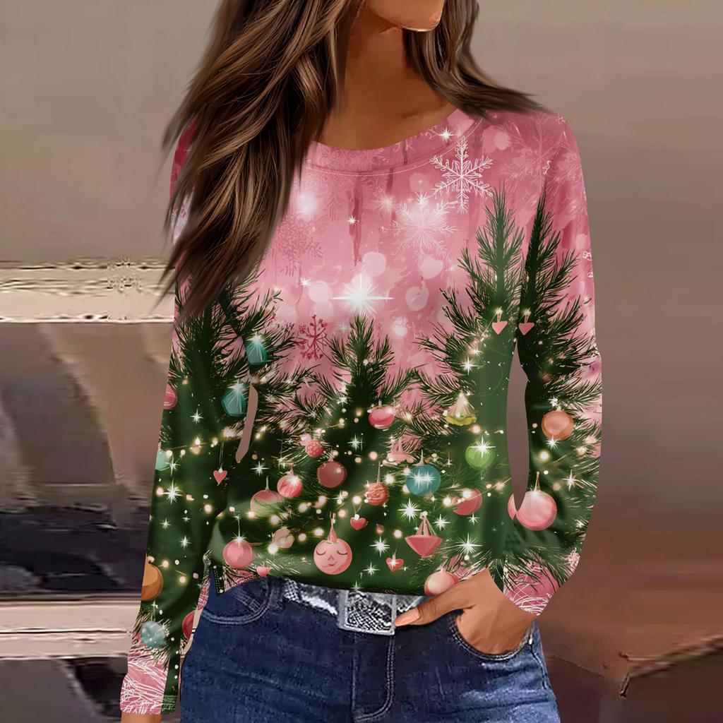 Women's Fashion Hem Slit Casual Christmas Printed Round Neck Long Sleeve Top