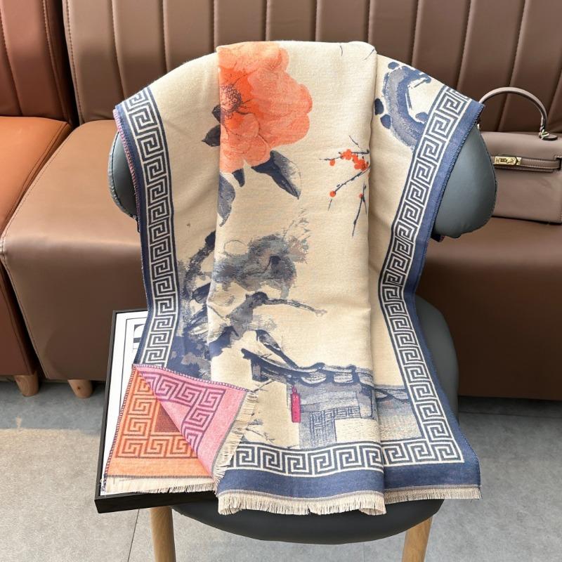 Autumn and winter new imitation cashmere plum blossom retro ink painting style travel photo warm scarf mother shawl outside