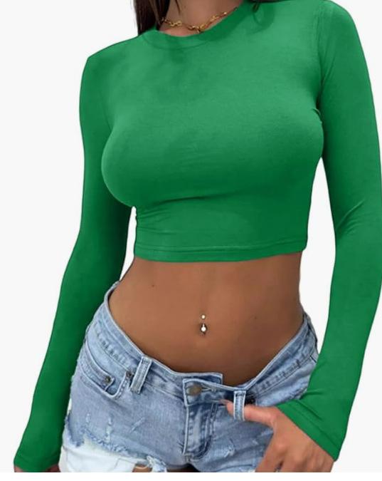 Spice Girl Solid Color Crew Neck Long Sleeve Button Top Slim Short Sexy T-Shirt Women