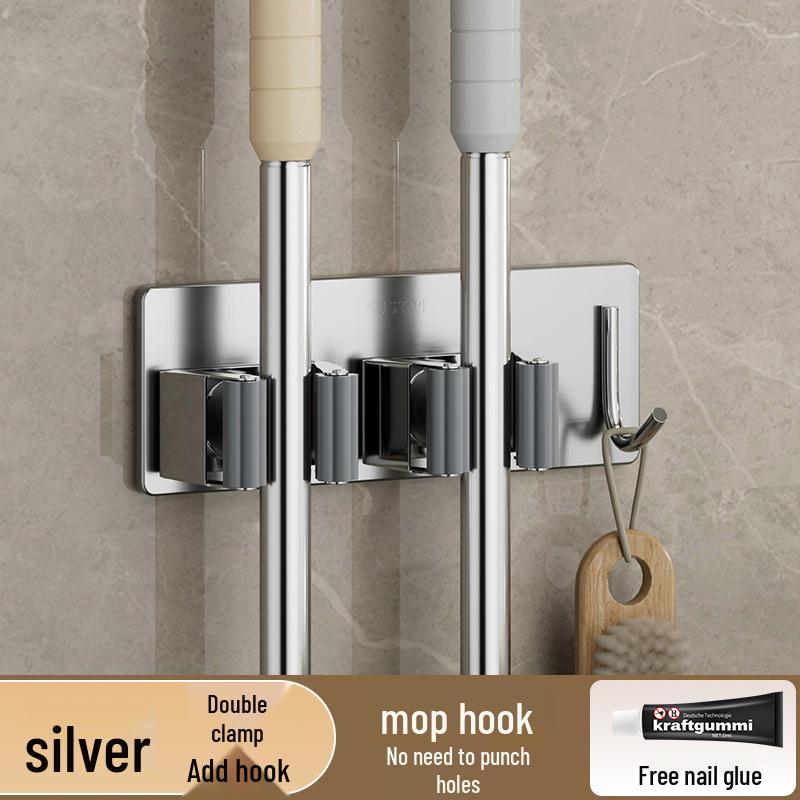 304 Stainless Steel No-Punch Mop and Broom Hook for Bathroom Storage