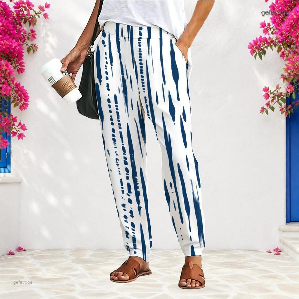 Women Plus Size Loose Straight Long Pants Blue White Printed With Pockets