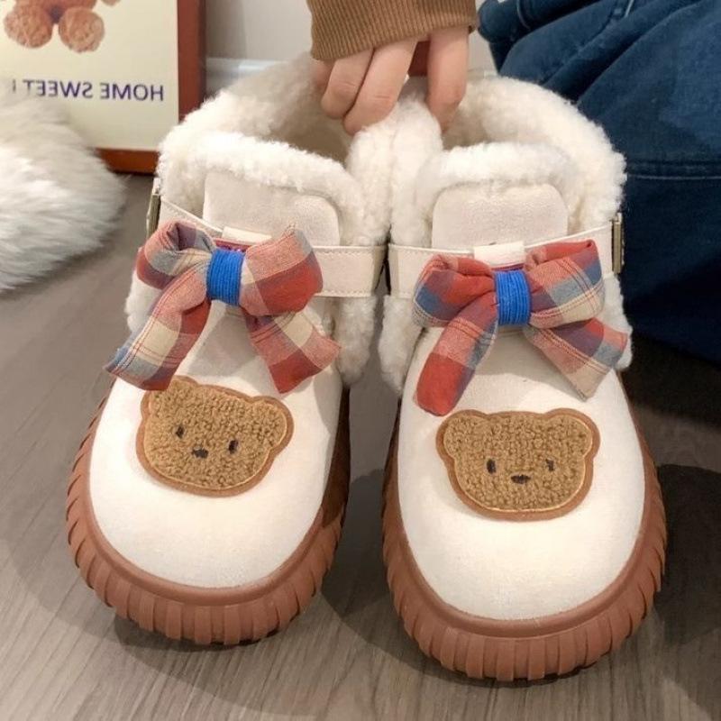 Foreign-style Bear Cotton Shoes 2025 Outer Wear Women's Boots New Winter Thick-soled Snow Velvet Bread Thickened Short Boots To Keep Warm