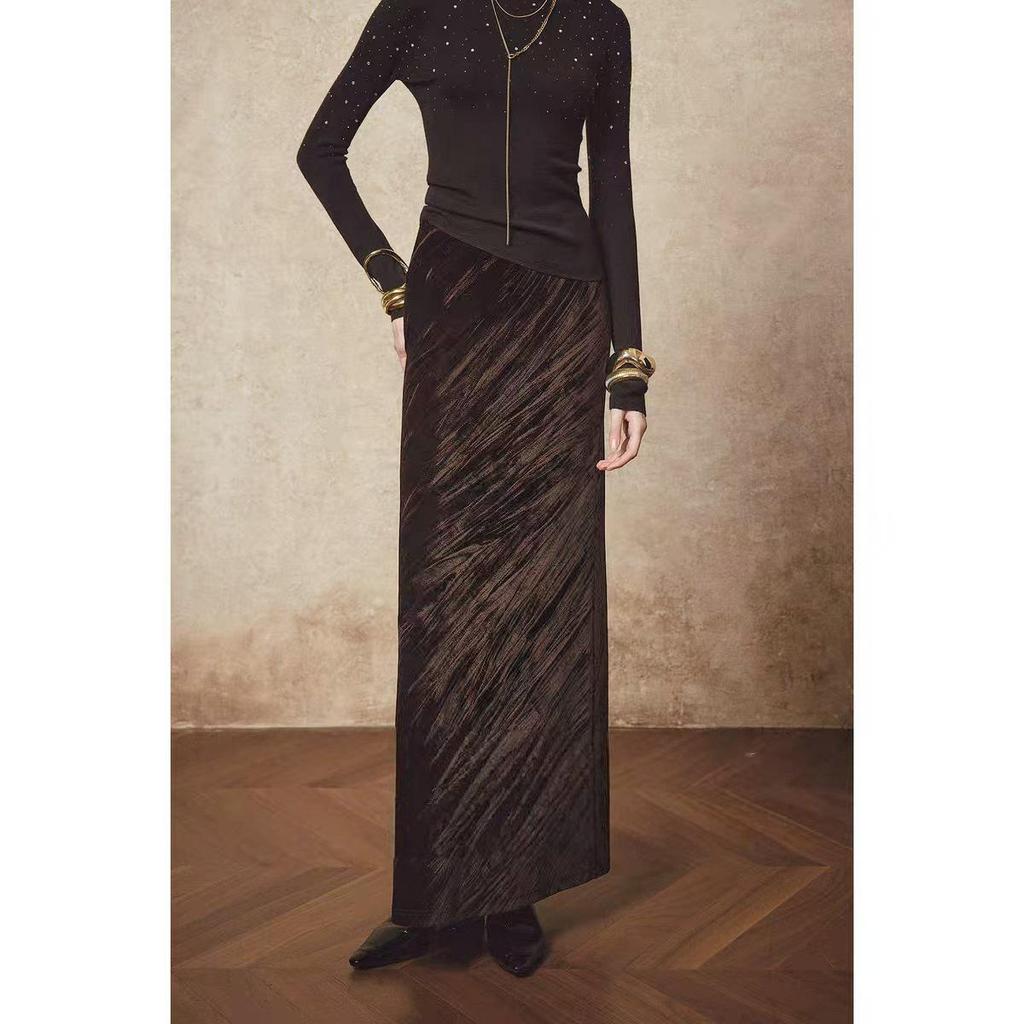 Iridescent Velvet Elastic Fishtail Midi Skirt - High-Waisted, Bias-Cut, Heavy-Duty, Slimming, Women's Autumn/Winter Skirt