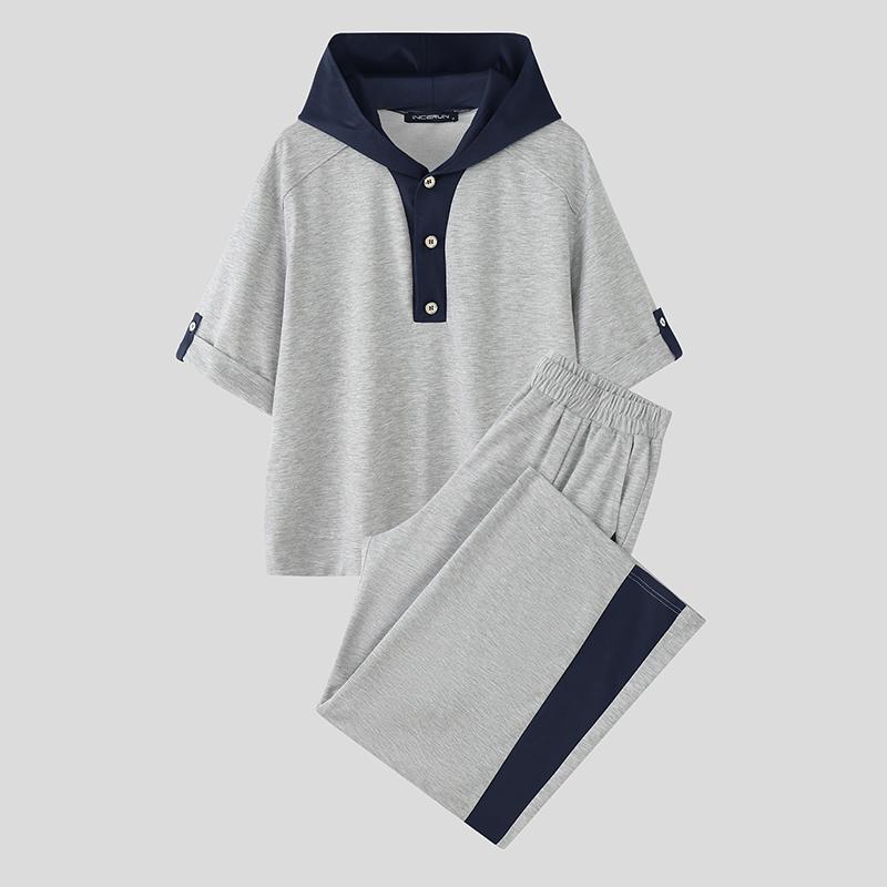 

INCERUN Two Pieces Men Short Sleeve Splicing Hooded T-shirts Long Pants Sets 3XL серый