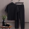 Set de vară la modă pentru bărbați din bumbac și in, din 2 piese, costum sport casual, tricou alb cu mânecă scurtă cu guler șal