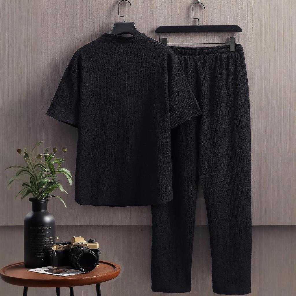 Set de vară la modă pentru bărbați din bumbac și in, din 2 piese, costum sport casual, tricou alb cu mânecă scurtă cu guler șal