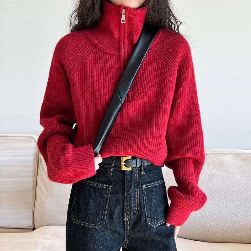 Half-zipper sweater women's loose outer wear autumn and winter new pullover short high-waisted design bottoming knitted sweater top