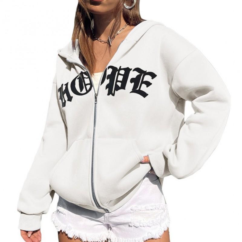 Unisex Oversized Zip-Up Hoodie With Letter Print Cotton Blend Warm Casual Sweatshirt
