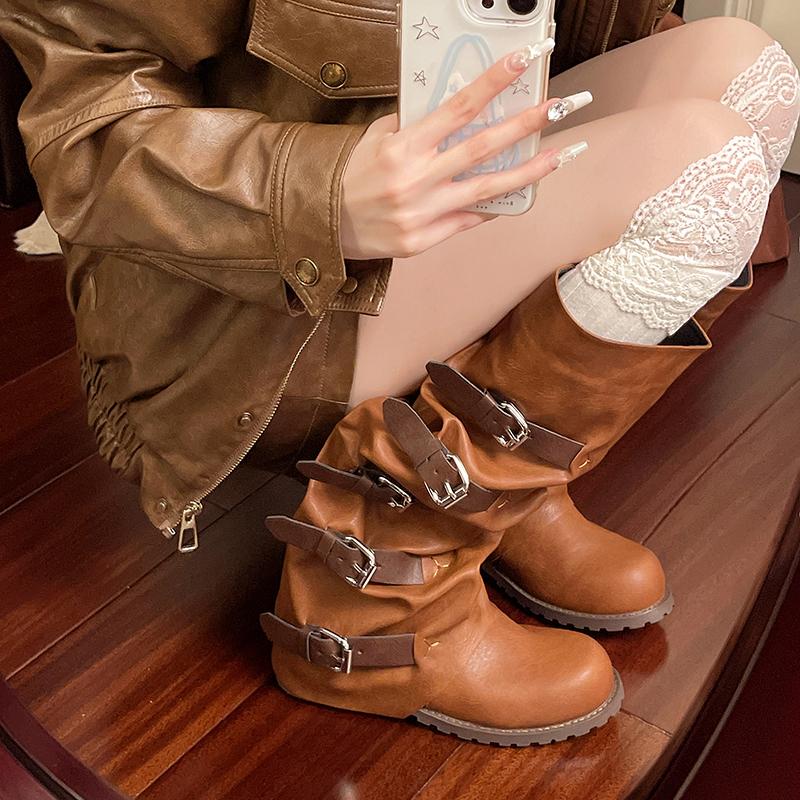 Fashion New Style Fashionable Romance Knight Boots Women's Chunky Heel Mid-Calf Western Cowboy Boots Eepskin Leather Boots Zapatos Mujer