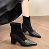 Metallschnalle Spleißvelours Blockabsatz Einzelstiefel Damenmode Spitzschuh Reißverschluss hinten Kurze Stiefel