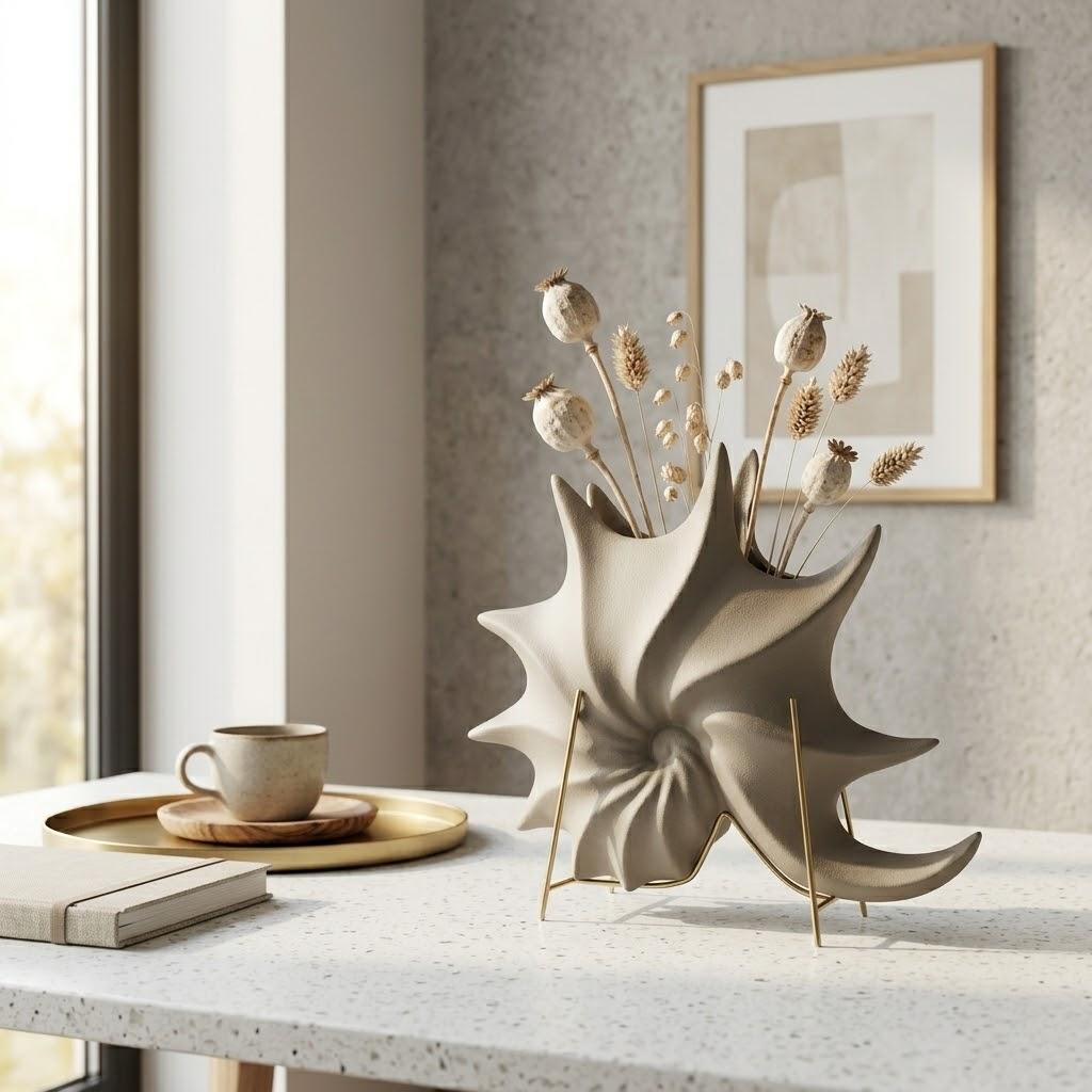 Vaso Moderno in Ceramica a Spirale – Scultura Geometrica da Tavolo per Arredamento Casa, Minimalista Wabi-Sabi per Composizioni di Fiori Secchi, Beige Neutro (26x9x21 cm)
