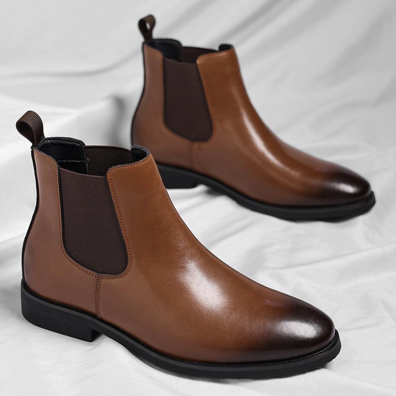 Men Chelsea Boots British Style Business Leather Boot Fashion Casual High Top Boots Men's Winter Plush Warm Business Dress Boots