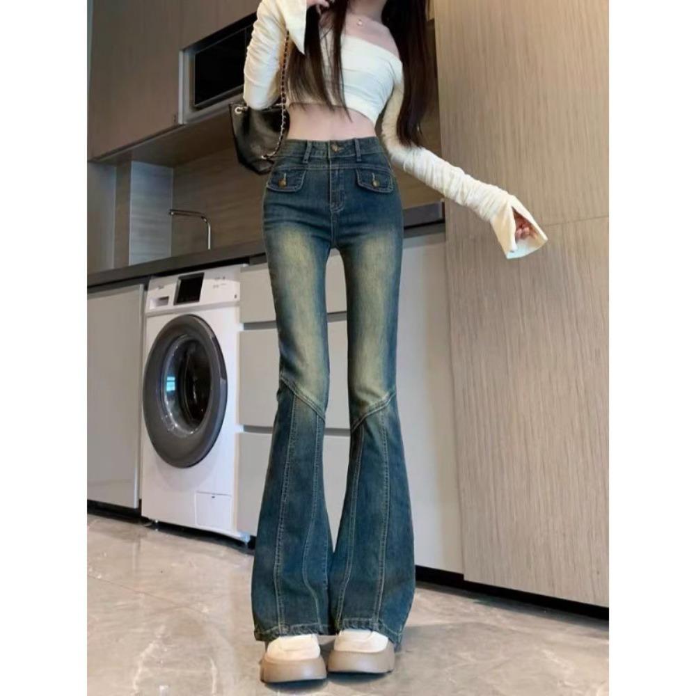 American street retro high-end Spice Girl micro-pull jeans spring and autumn new thin micro-pull jeans