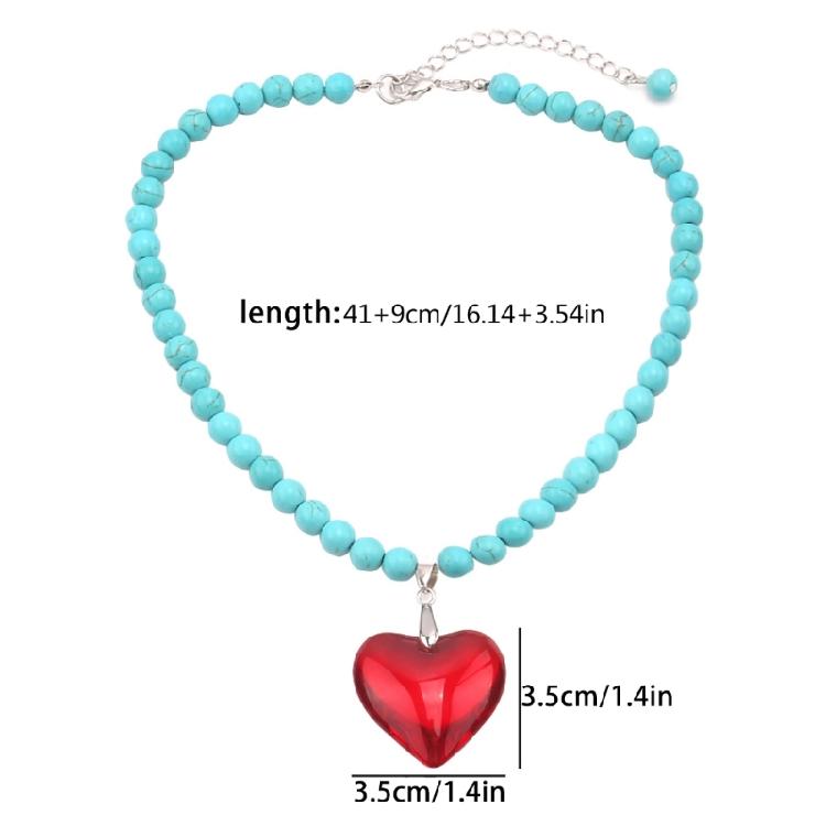 Trendy Collar Chains with Beads Heart Pendant Choker Elegant Turquoise Neckchain