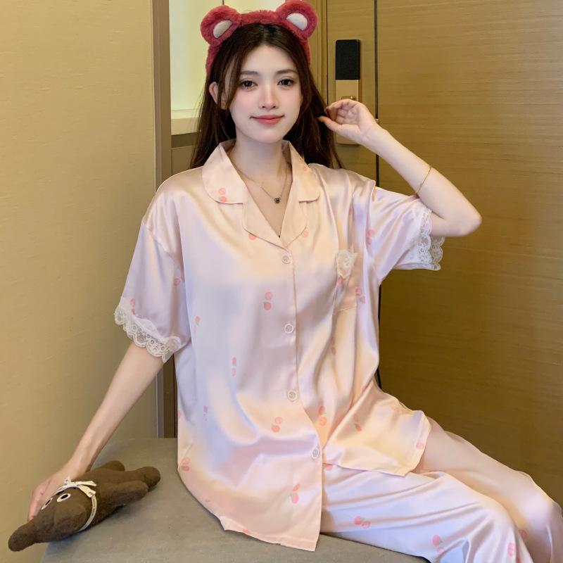 Ice Silk Pajamas Women'S Summer High-End Sweet Cherry Short-Sleeved Trousers Loungewear Set