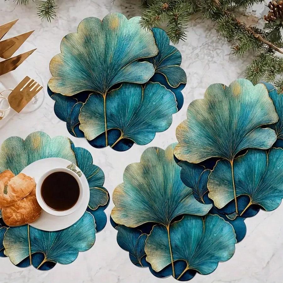 2/4 PIECES Blue Almond Leaf Table Mats - Washable, Anti-Slip, Heat-Resistant - Round Table Mats for Parties and Home Use