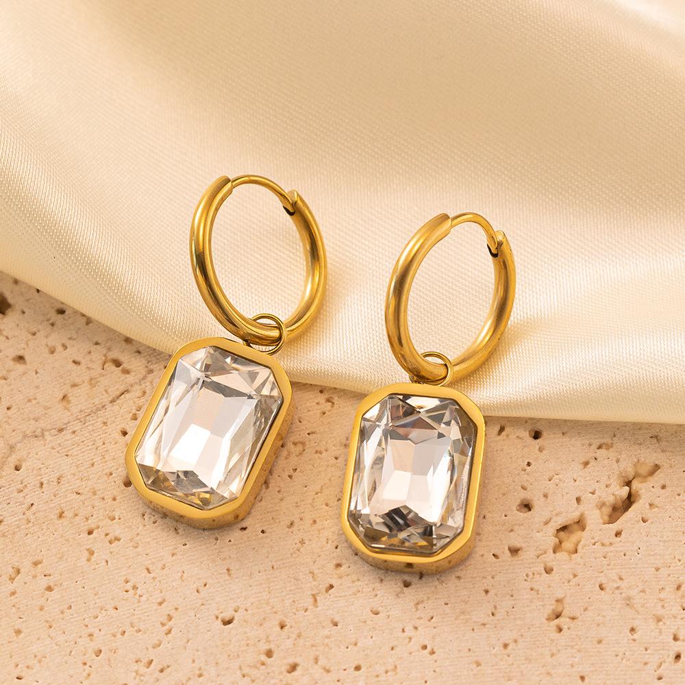 Fashion new niche micro-set earrings, titanium steel plated with 18K gold corner-cut rectangular zircon pendant earrings for women